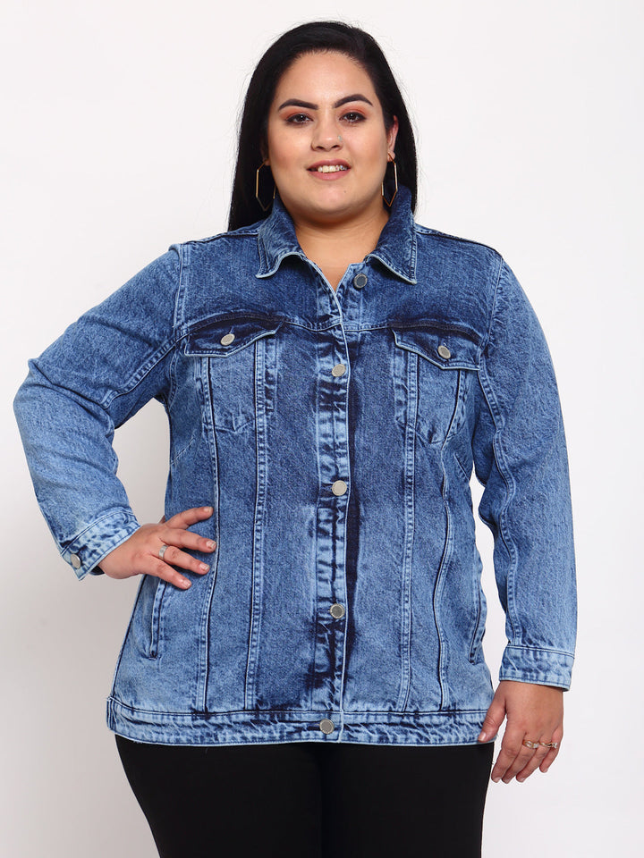 Plus Size Women Blue Washed Denim Jacket