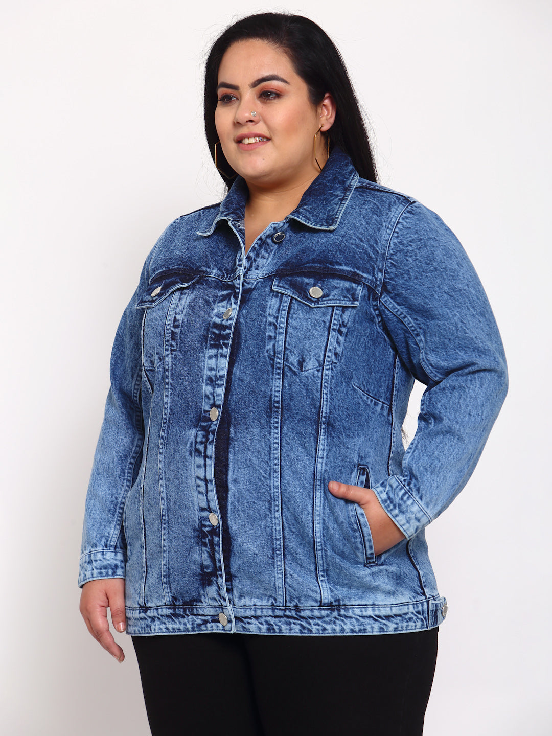Plus Size Women Blue Washed Denim Jacket