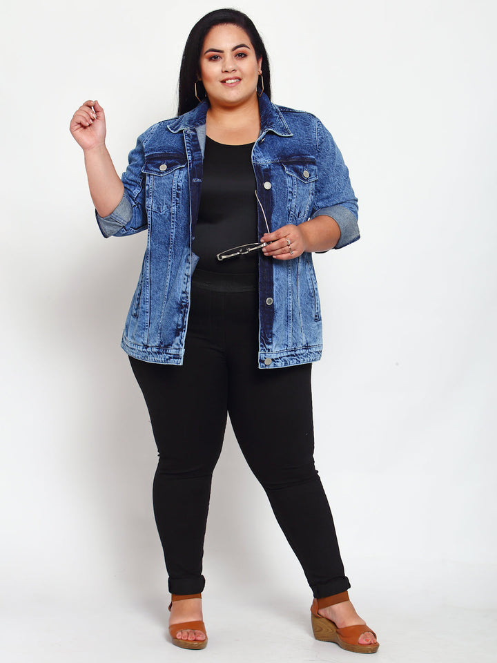 Plus Size Women Blue Washed Denim Jacket