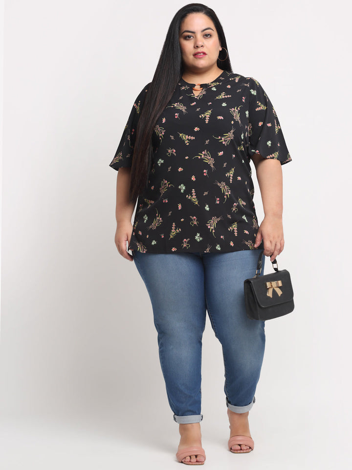 Plus Size Black  Floral Print Top