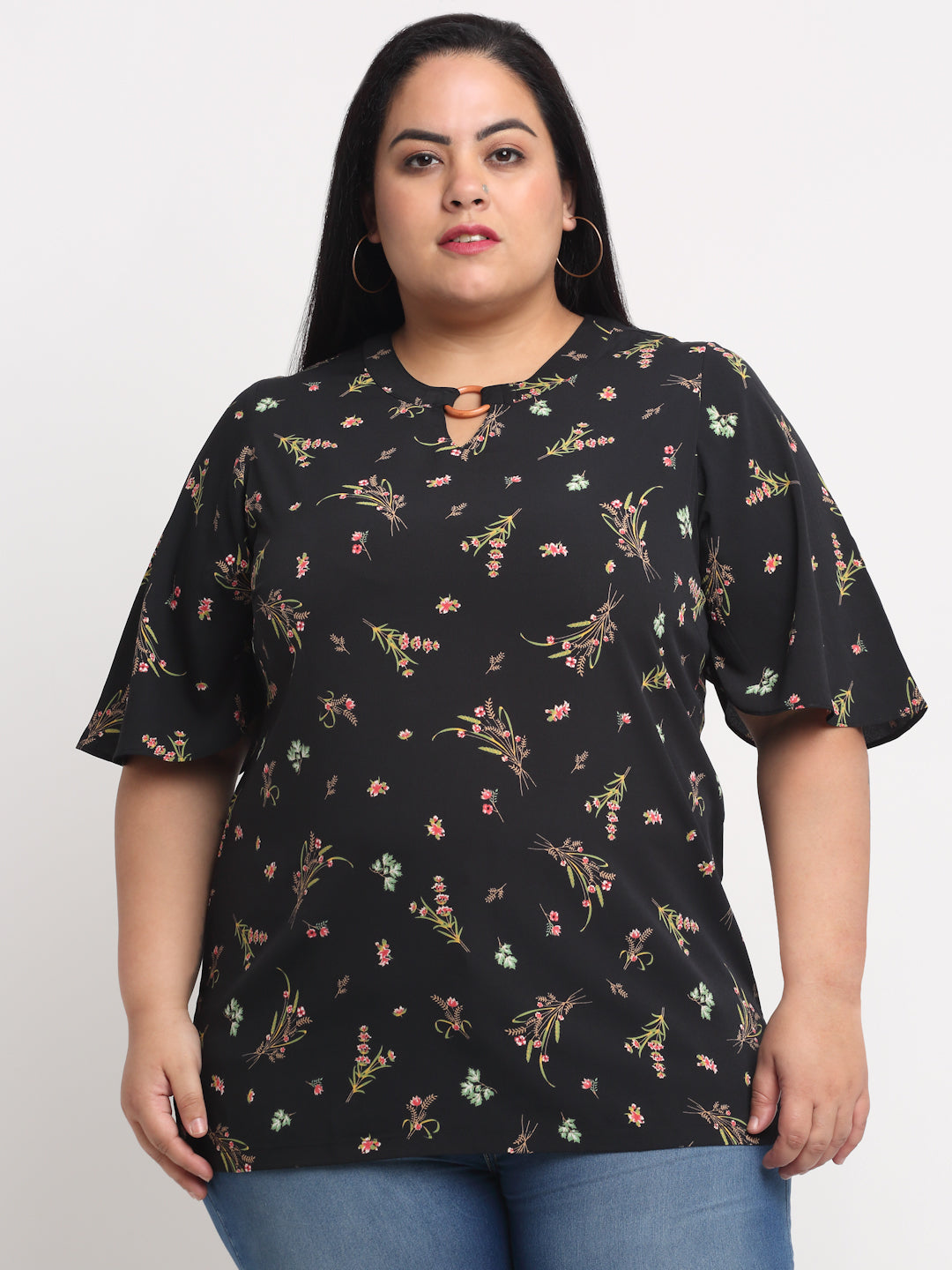 Plus Size Black  Floral Print Top