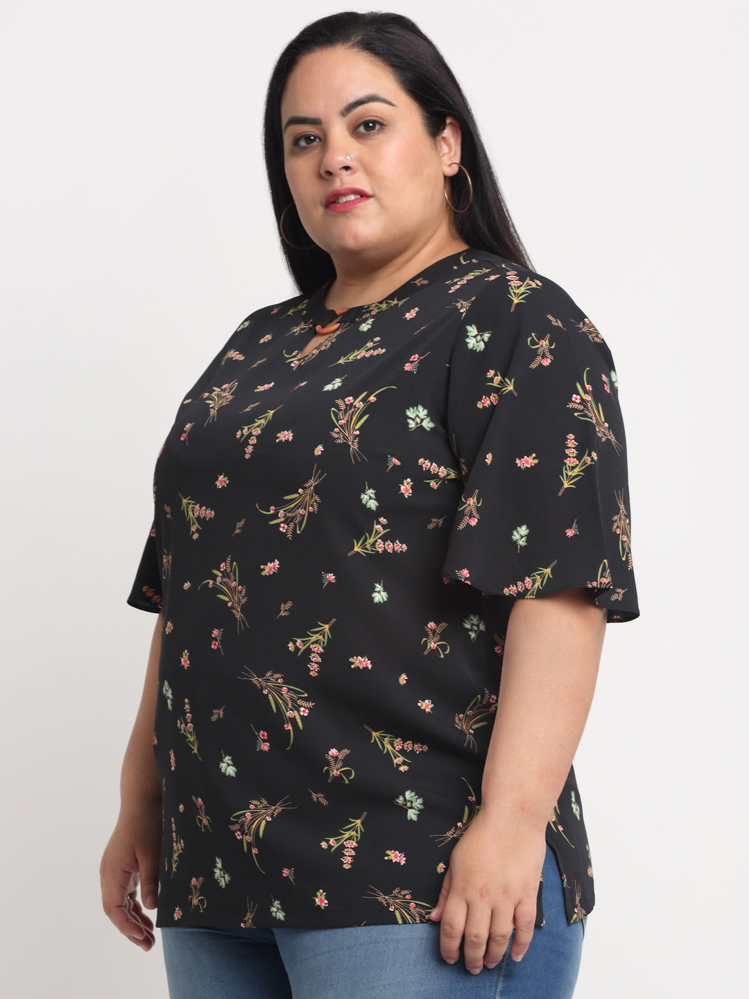 Plus Size Black  Floral Print Top