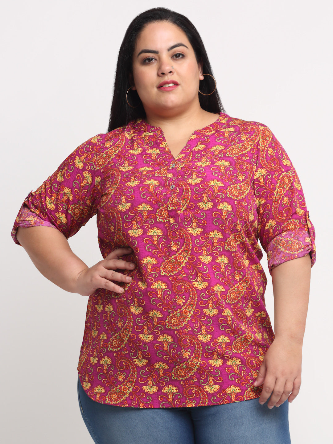 Plus Size  Purple  Yellow Printed Mandarin Collar Roll-Up Sleeves Top