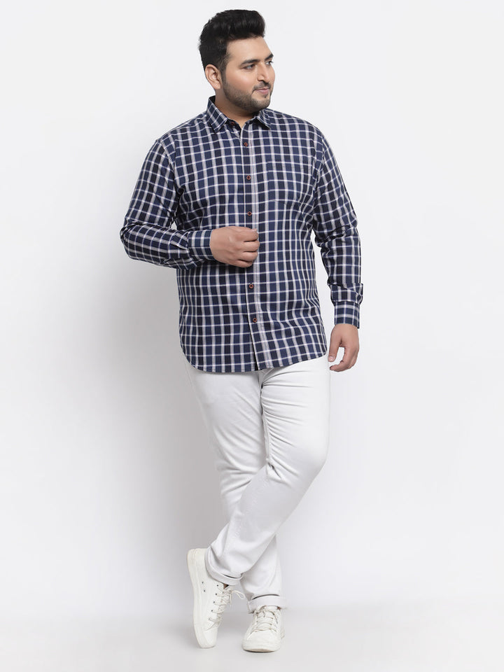 Plus Size  Men Navy Blue Regular Fit Tartan Checked Cotton Casual Shirt