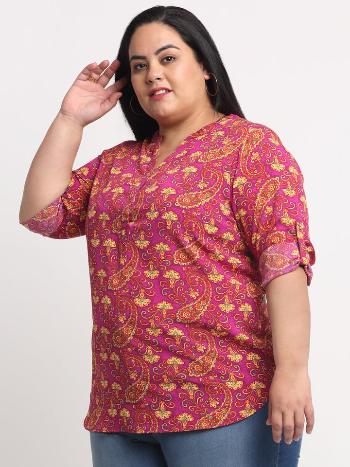 Plus Size  Purple  Yellow Printed Mandarin Collar Roll-Up Sleeves Top