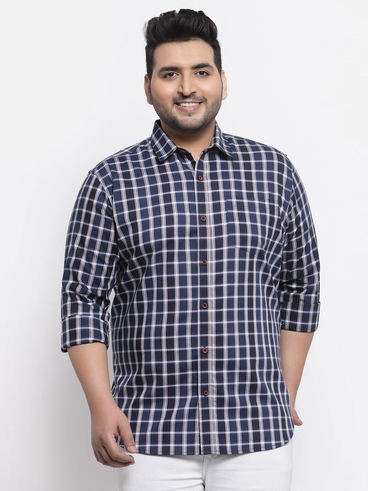 Plus Size  Men Navy Blue Regular Fit Tartan Checked Cotton Casual Shirt