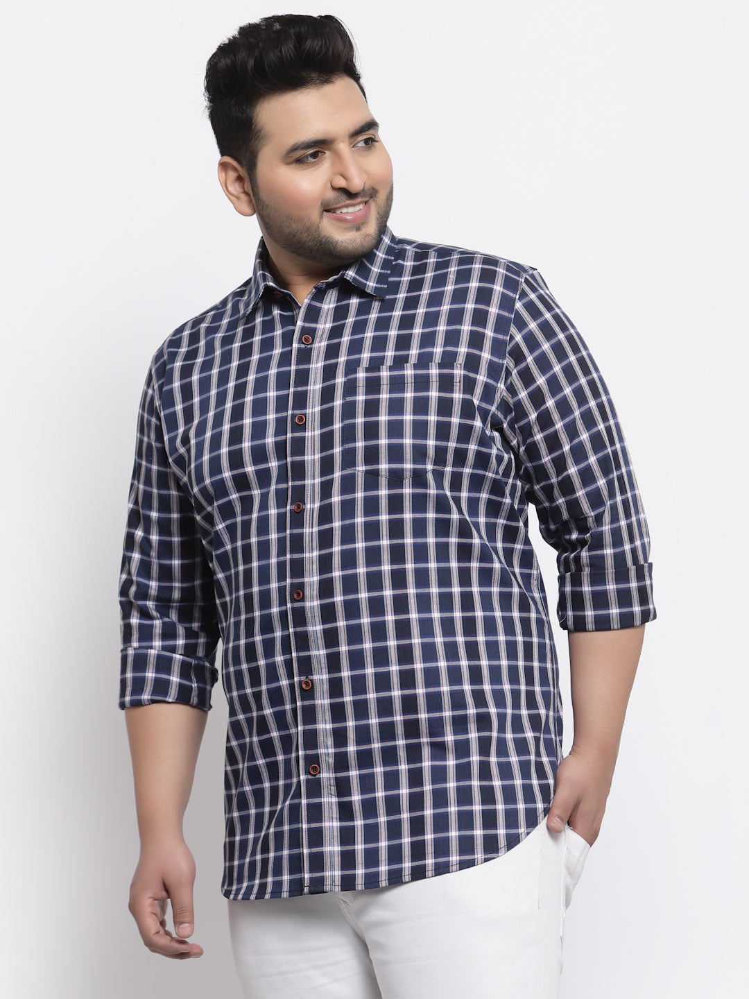 Plus Size  Men Navy Blue Regular Fit Tartan Checked Cotton Casual Shirt