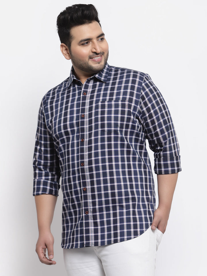 Plus Size  Men Navy Blue Regular Fit Tartan Checked Cotton Casual Shirt