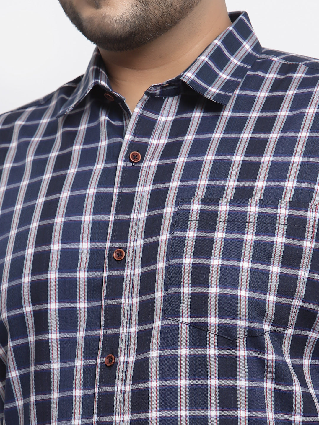 Plus Size  Men Navy Blue Regular Fit Tartan Checked Cotton Casual Shirt