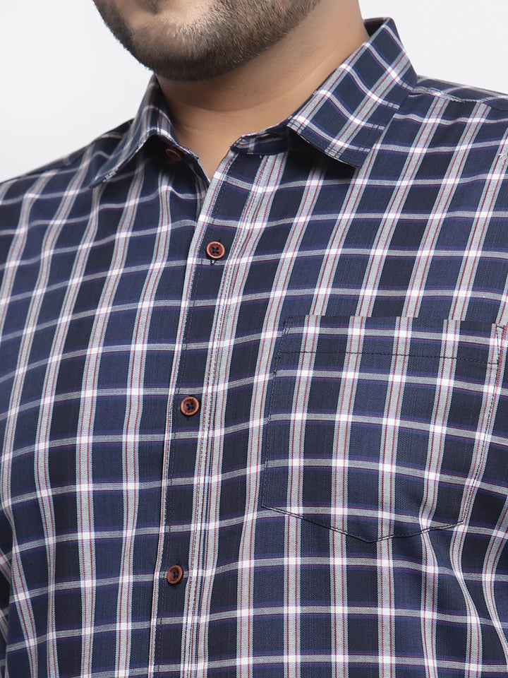 Plus Size  Men Navy Blue Regular Fit Tartan Checked Cotton Casual Shirt