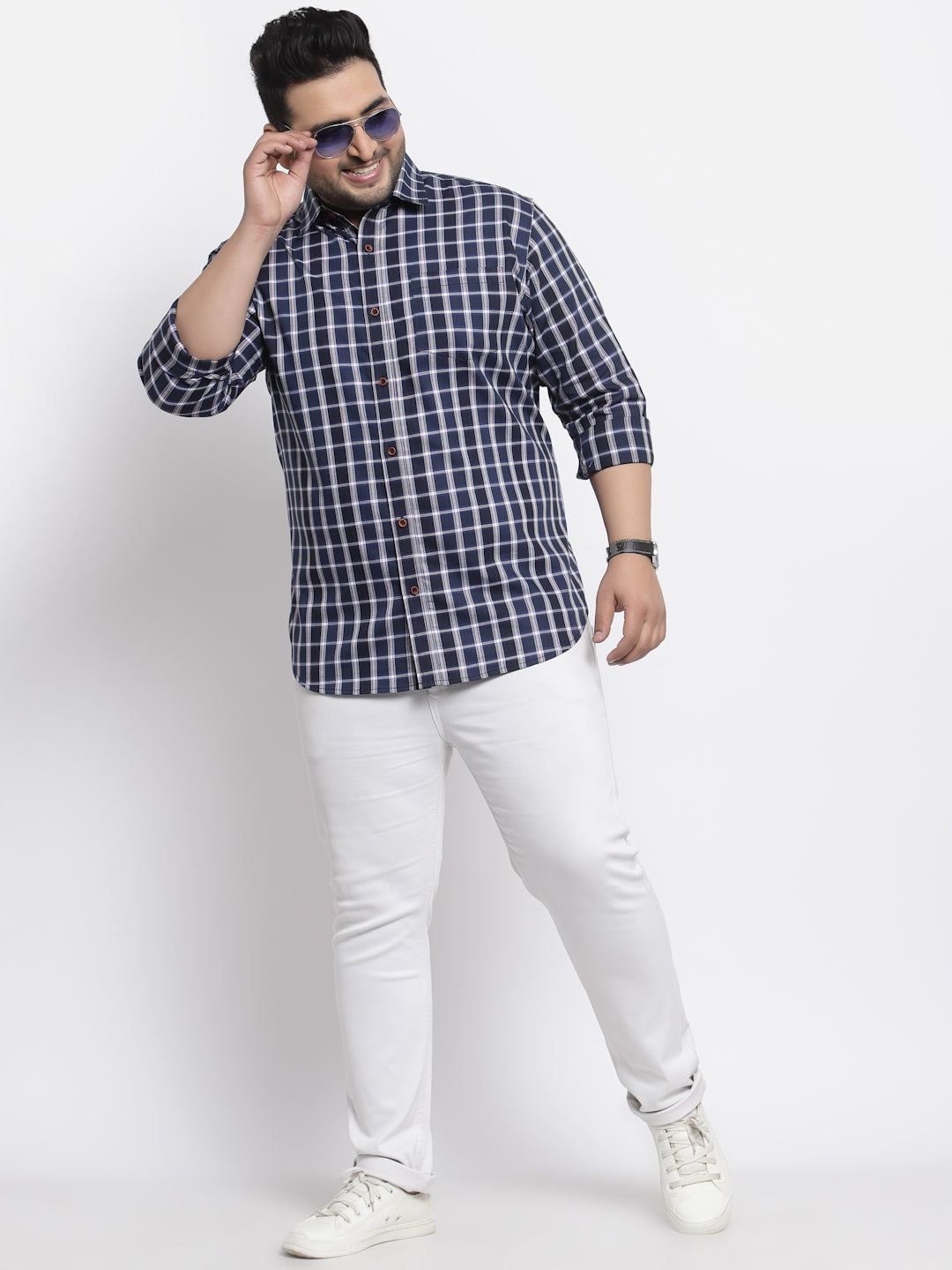 Plus Size  Men Navy Blue Regular Fit Tartan Checked Cotton Casual Shirt