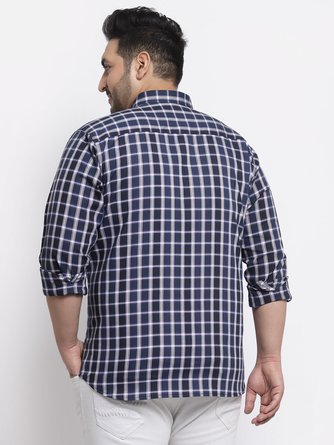 Plus Size  Men Navy Blue Regular Fit Tartan Checked Cotton Casual Shirt