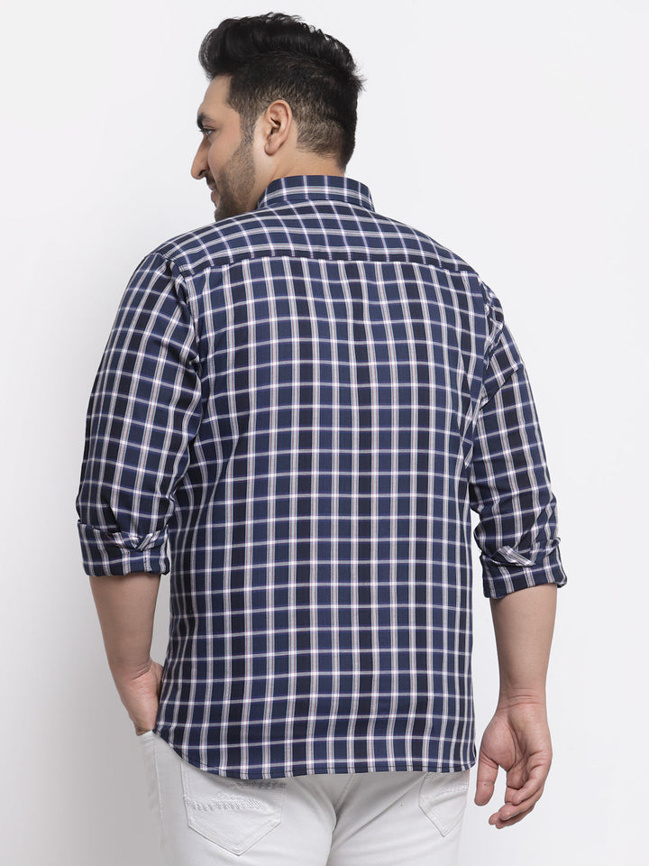 Plus Size  Men Navy Blue Regular Fit Tartan Checked Cotton Casual Shirt