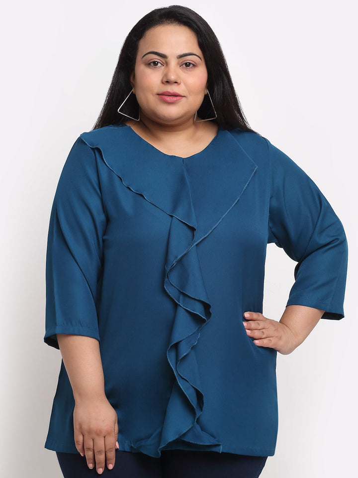 Plus Size Blue Ruffles Styled Back  Top