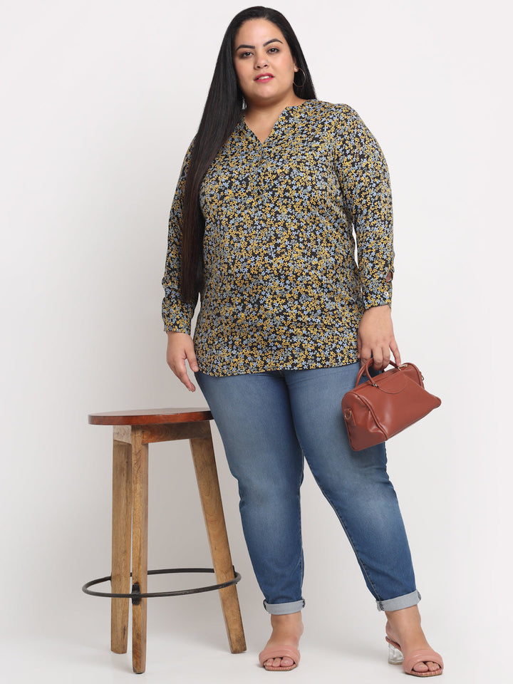 Plus Size Black  Yellow Plus Women Floral Print Shirt Style Top