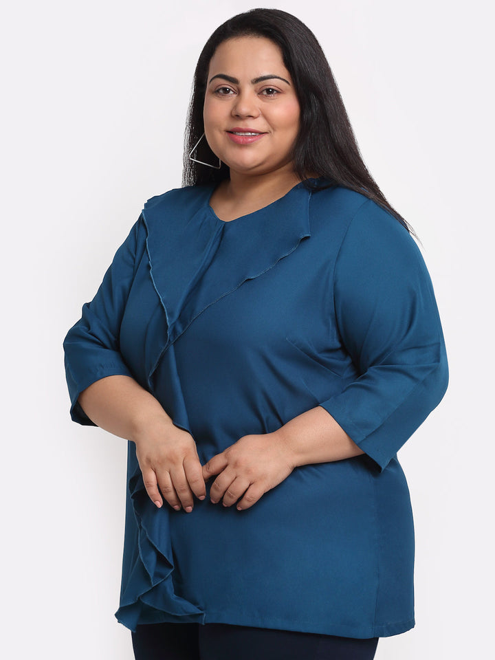 Plus Size Blue Ruffles Styled Back  Top