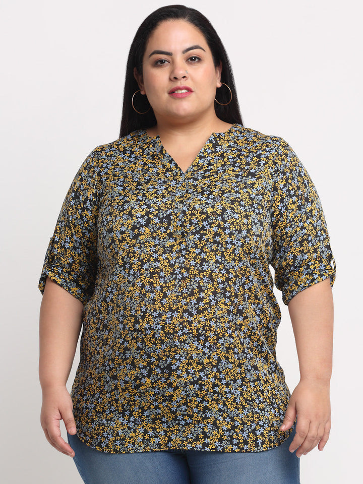 Plus Size Black  Yellow Plus Women Floral Print Shirt Style Top