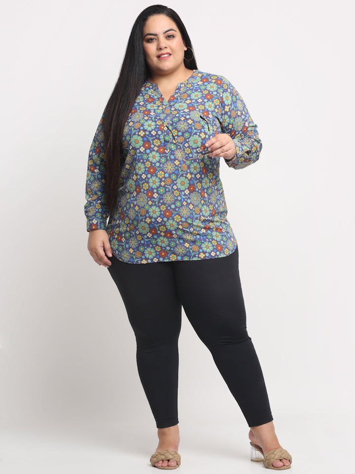 Plus Size Women Blue  Brown Floral Print Roll-Up Sleeves Shirt Style Top