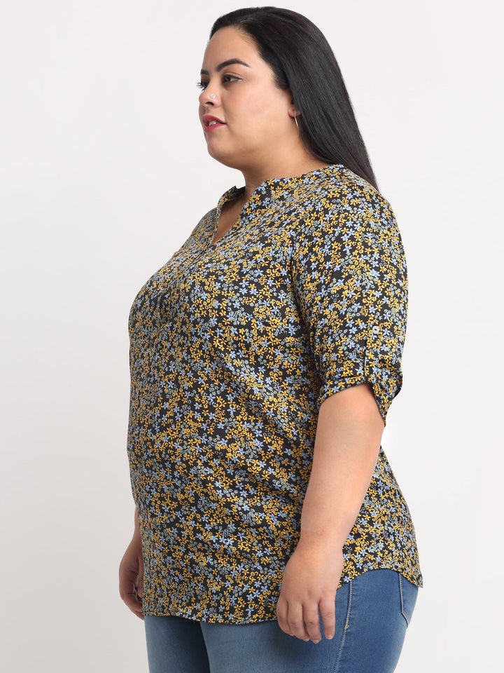 Plus Size Black  Yellow Plus Women Floral Print Shirt Style Top