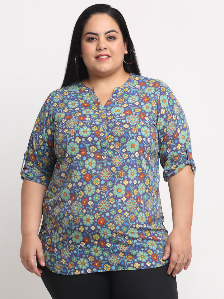 Plus Size Women Blue  Brown Floral Print Roll-Up Sleeves Shirt Style Top