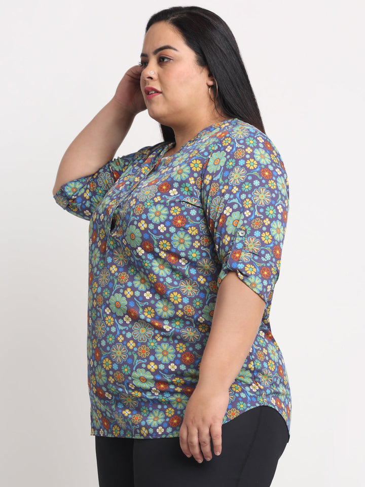 Plus Size Women Blue  Brown Floral Print Roll-Up Sleeves Shirt Style Top