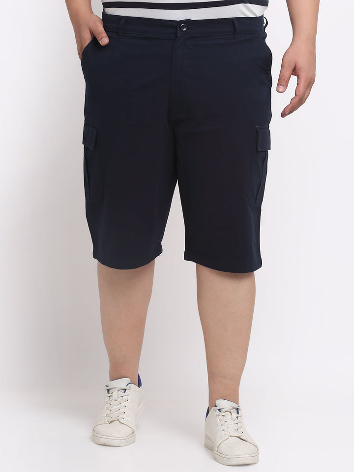 Plus Size Men  Navy Blue Mid-Rise Cotton Cargo Shorts