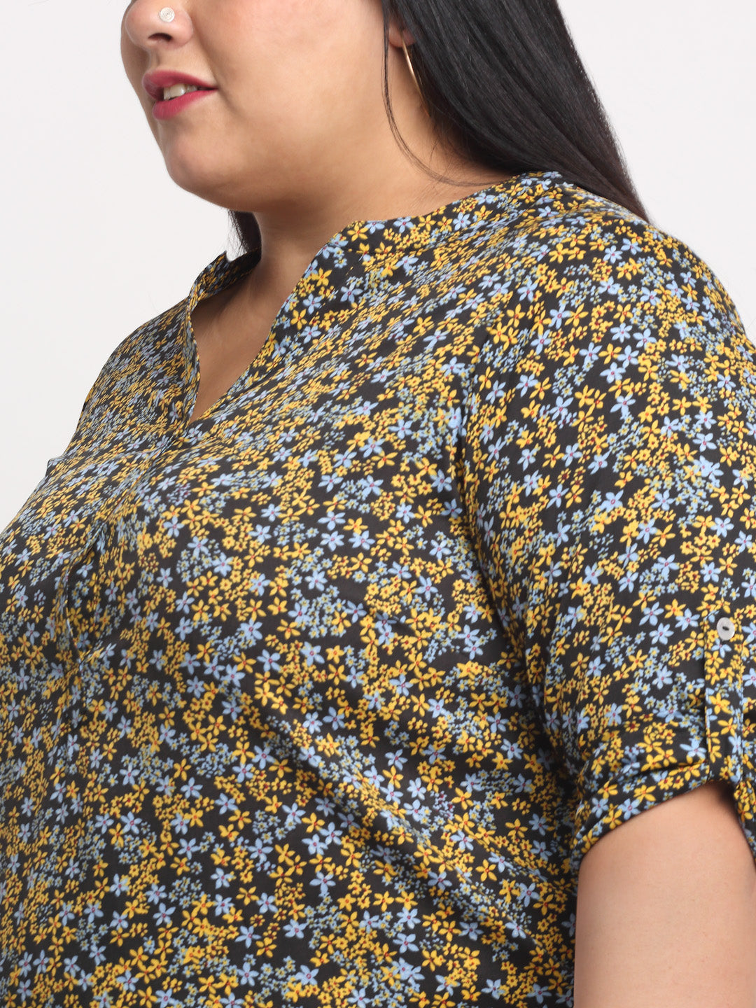Plus Size Black  Yellow Plus Women Floral Print Shirt Style Top