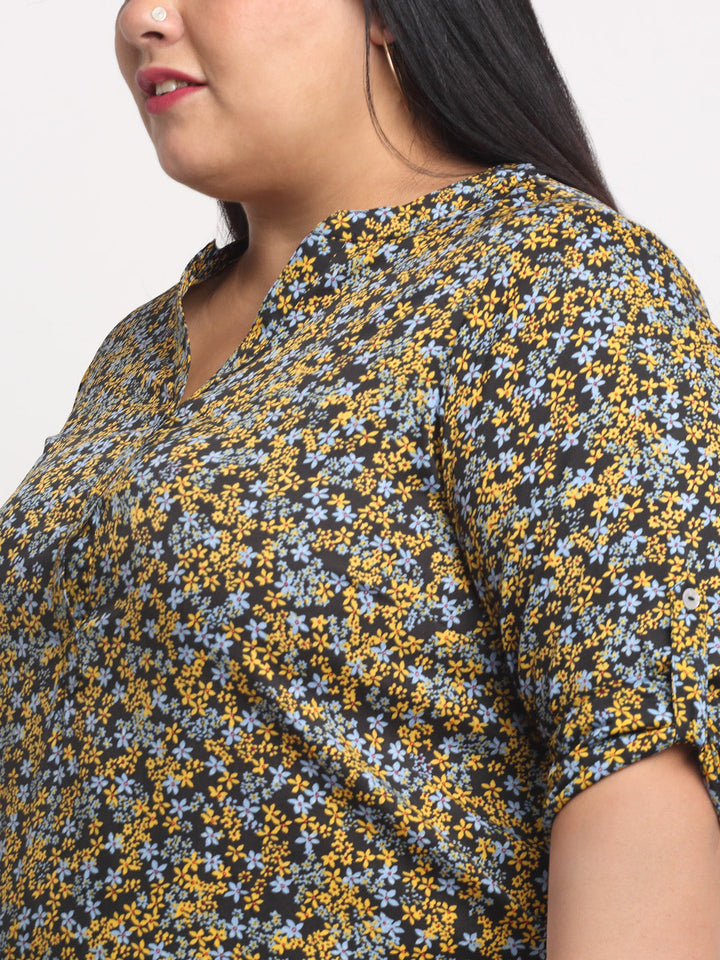 Plus Size Black  Yellow Plus Women Floral Print Shirt Style Top
