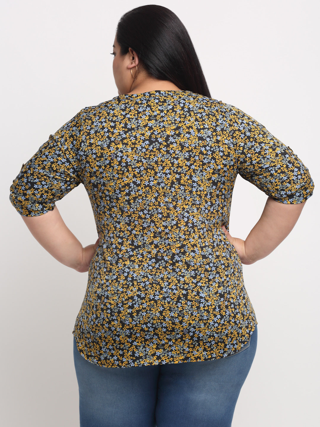 Plus Size Black  Yellow Plus Women Floral Print Shirt Style Top