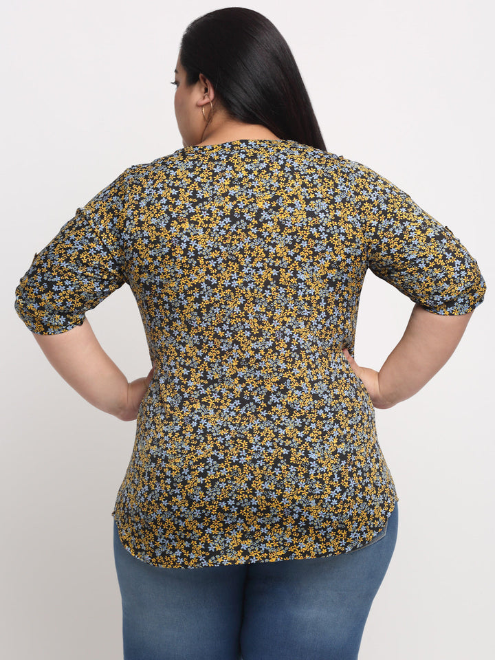 Plus Size Black  Yellow Plus Women Floral Print Shirt Style Top