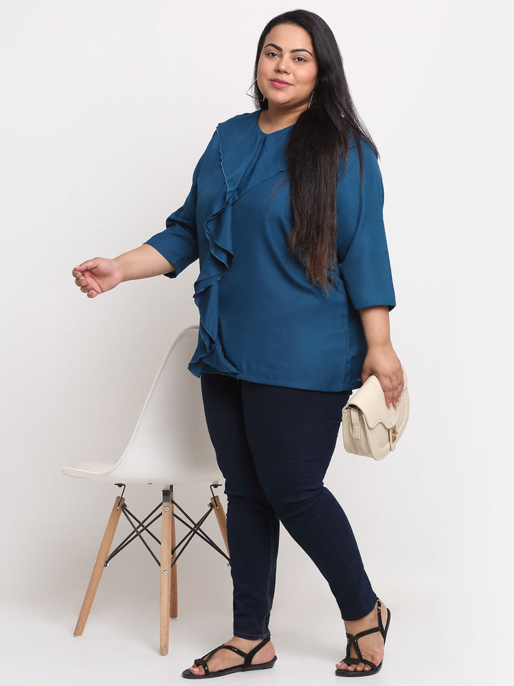 Plus Size Blue Ruffles Styled Back  Top