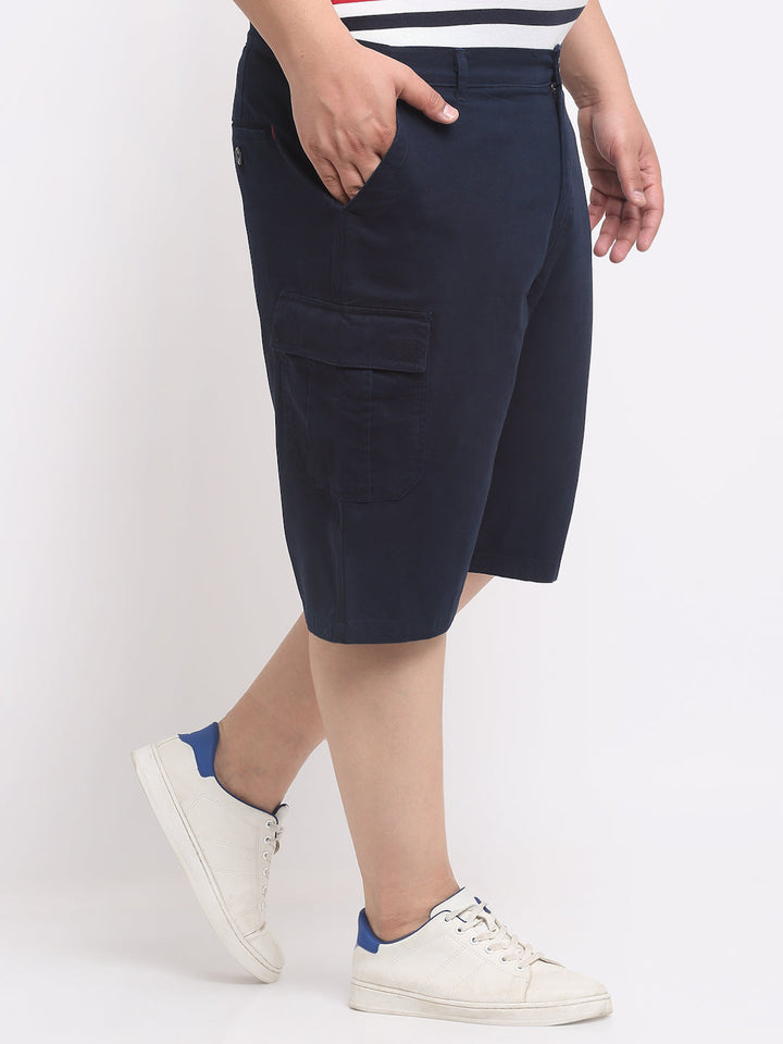 Plus Size Men  Navy Blue Mid-Rise Cotton Cargo Shorts
