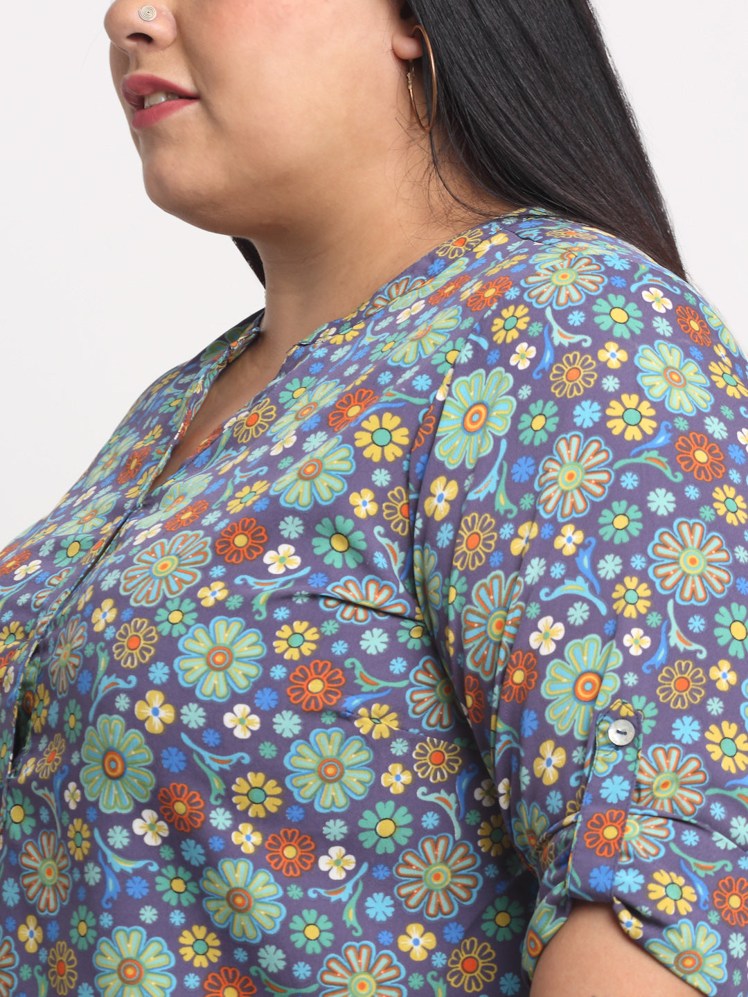Plus Size Women Blue  Brown Floral Print Roll-Up Sleeves Shirt Style Top