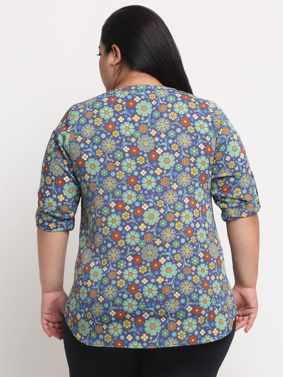 Plus Size Women Blue  Brown Floral Print Roll-Up Sleeves Shirt Style Top