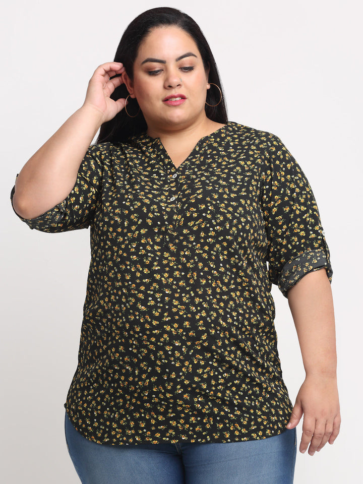 Plus Size Women  Black  Yellow Floral Printed Top