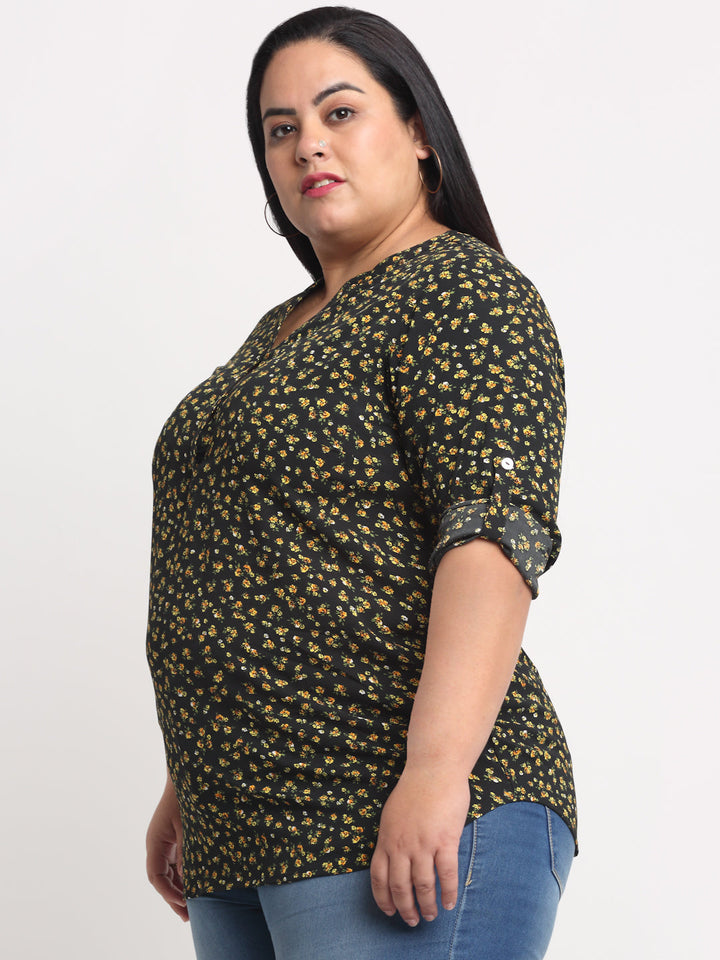 Plus Size Women  Black  Yellow Floral Printed Top