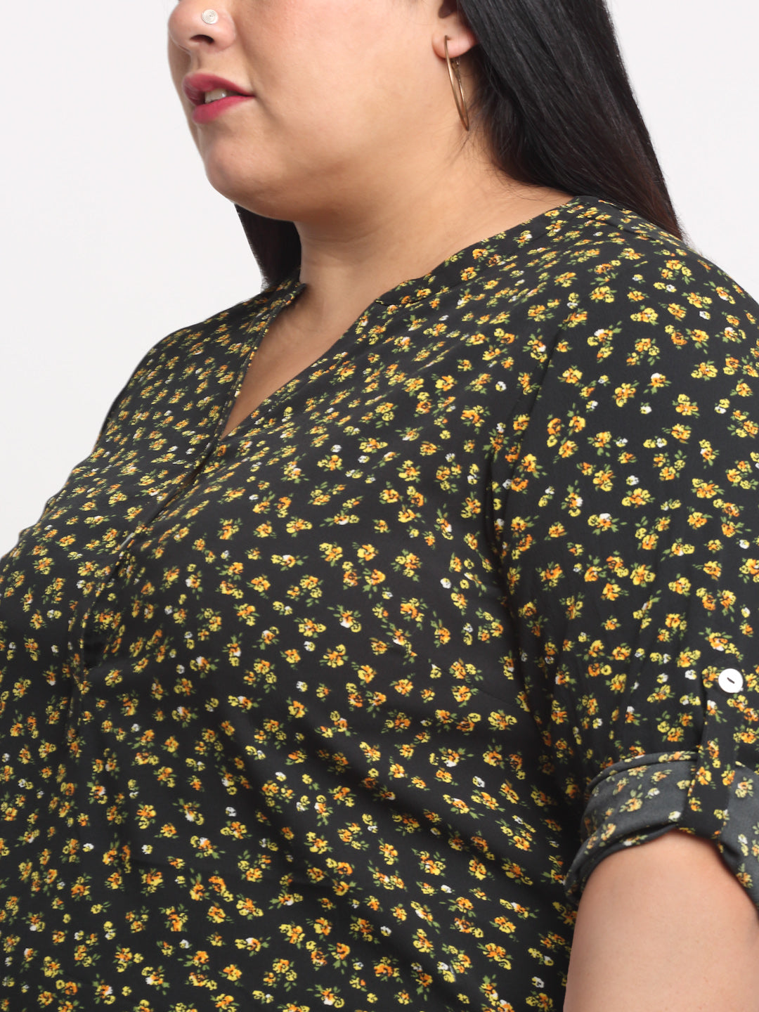 Plus Size Women  Black  Yellow Floral Printed Top