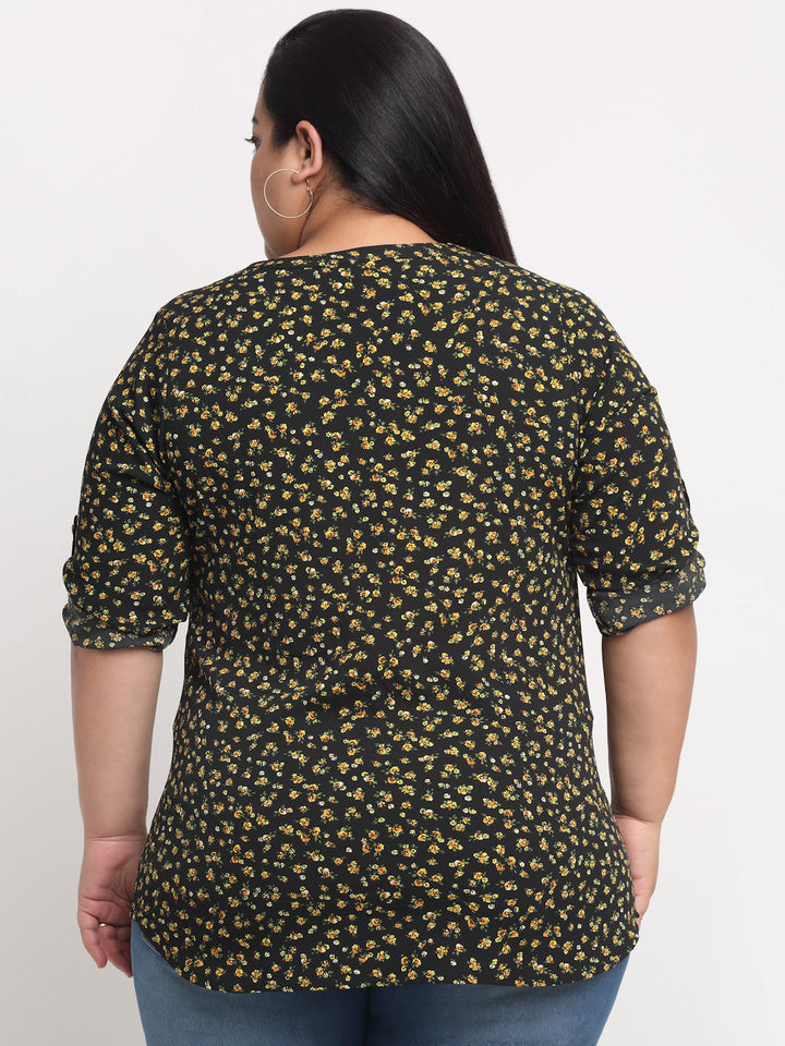Plus Size Women  Black  Yellow Floral Printed Top