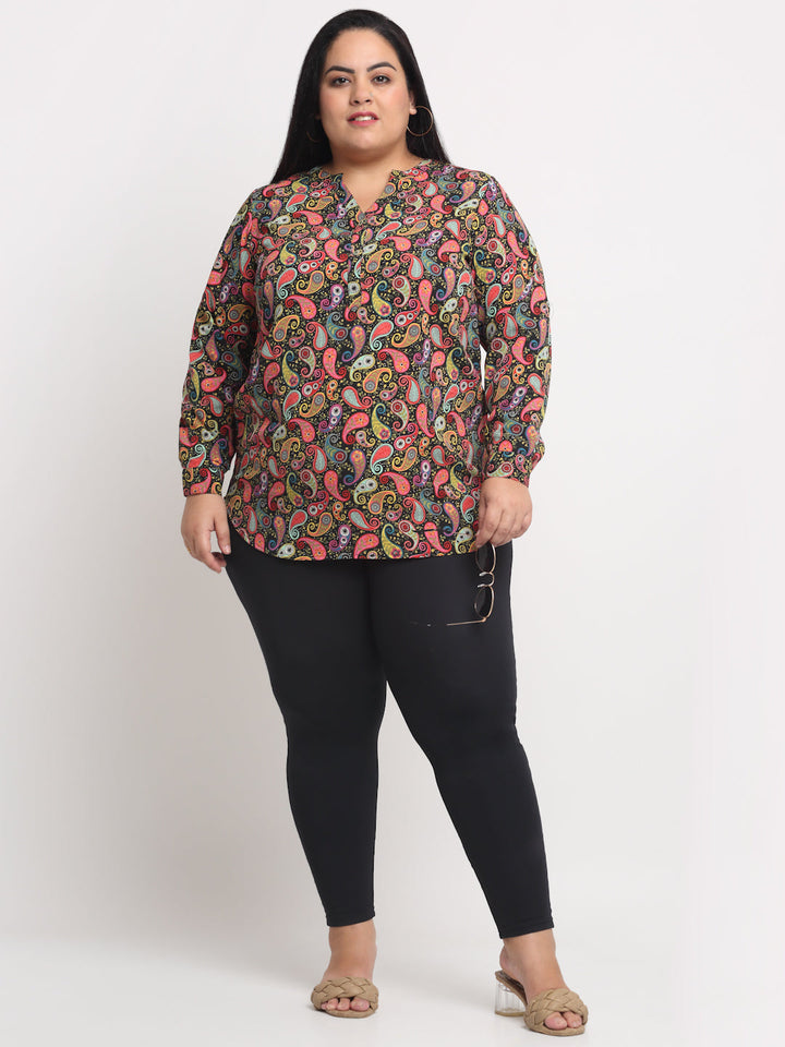Plus Size Size Women Multicoloured Print Mandarin Collar Roll-Up Sleeves Top