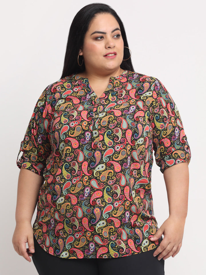 Plus Size Size Women Multicoloured Print Mandarin Collar Roll-Up Sleeves Top