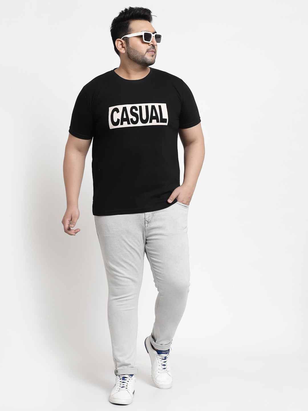 Plus Size Men  Black & White Printed Pure Cotton T-shirt