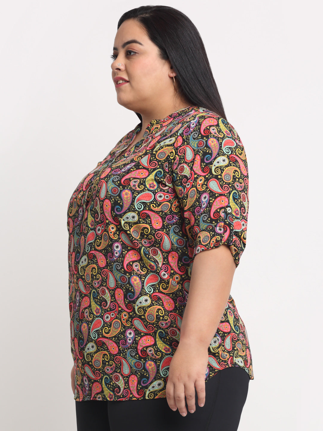 Plus Size Size Women Multicoloured Print Mandarin Collar Roll-Up Sleeves Top