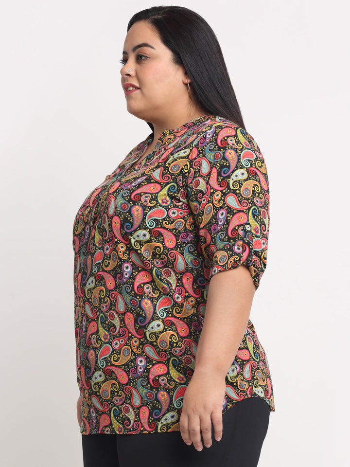 Plus Size Size Women Multicoloured Print Mandarin Collar Roll-Up Sleeves Top