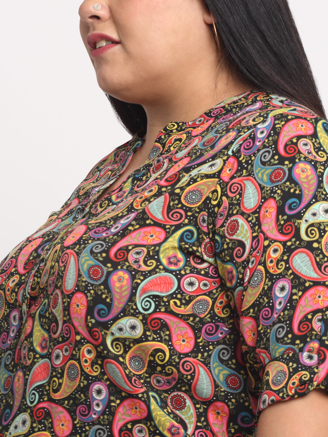 Plus Size Size Women Multicoloured Print Mandarin Collar Roll-Up Sleeves Top