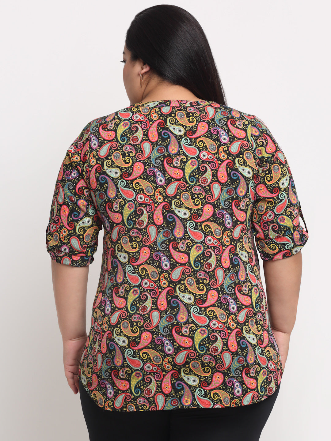 Plus Size Size Women Multicoloured Print Mandarin Collar Roll-Up Sleeves Top
