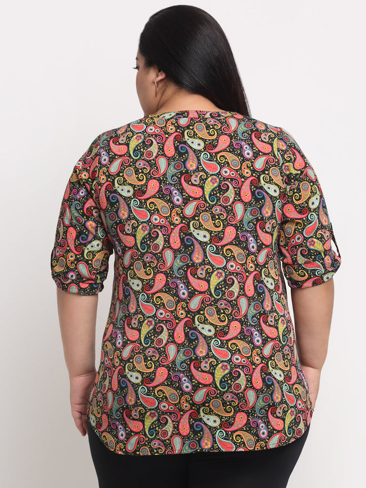 Plus Size Size Women Multicoloured Print Mandarin Collar Roll-Up Sleeves Top