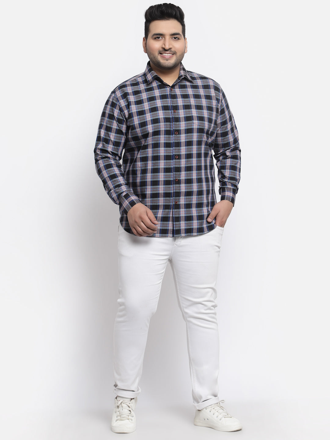 Plus Size Men Navy Blue Tartan Checked Cotton Casual Shirt