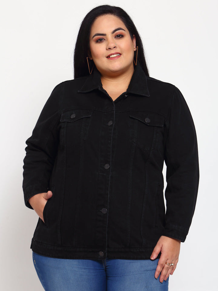 Plus Size Women Black Solid Denim Jacket