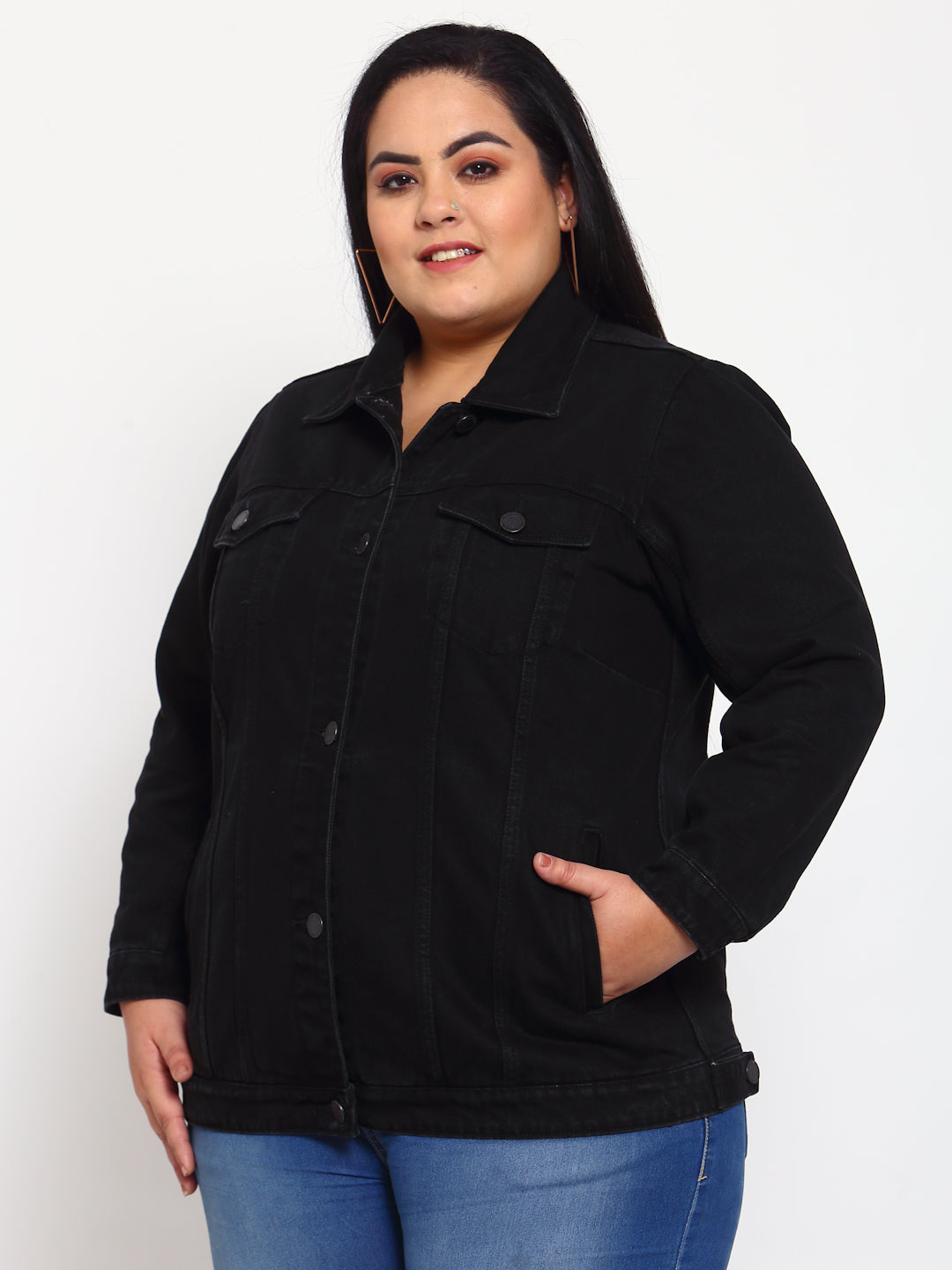 Plus Size Women Black Solid Denim Jacket