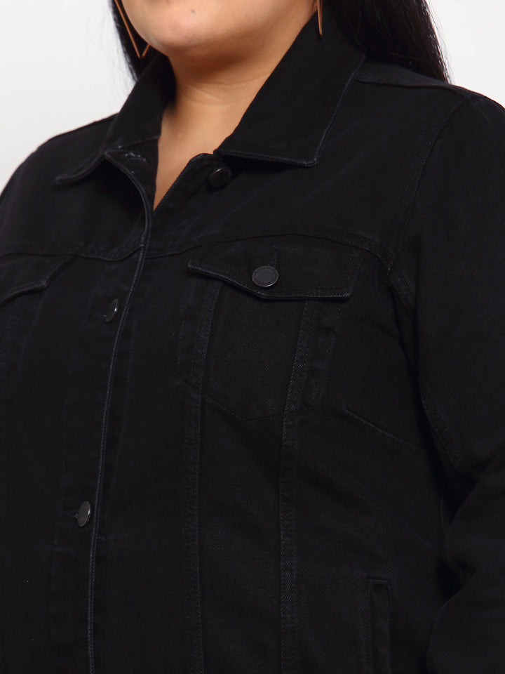 Plus Size Women Black Solid Denim Jacket